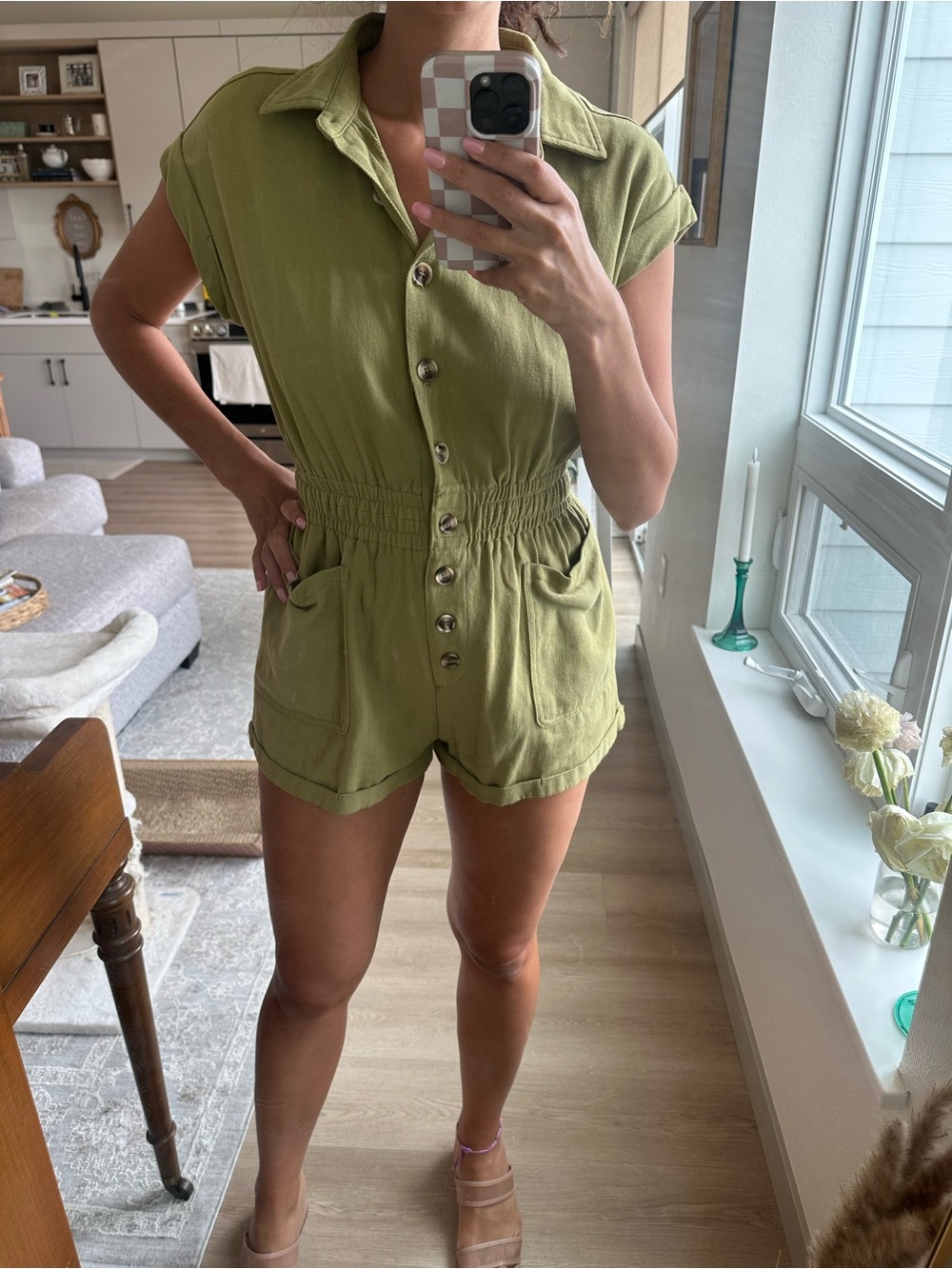 Olive Green Button-Front Romper with Elastic Waist